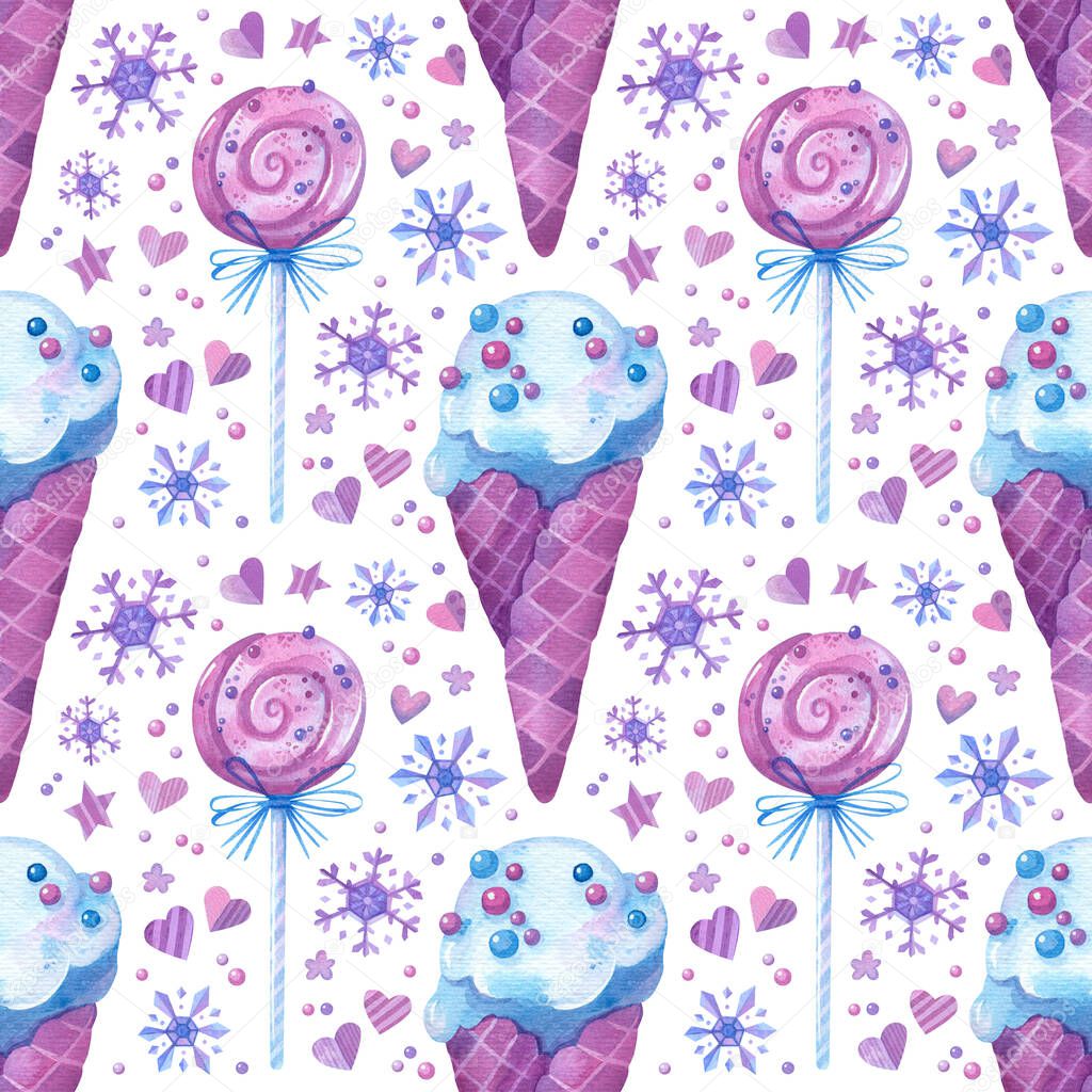 Seamless pattern with ice cream, lollipops, frozen sweets and snowflakes. Pink and purple food, watercolor illustrations on white background.