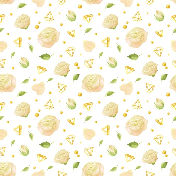 Seamless Pattern White Rose Flowers Petals Gold Stars Diamands Watercolor — Stock Photo, Image