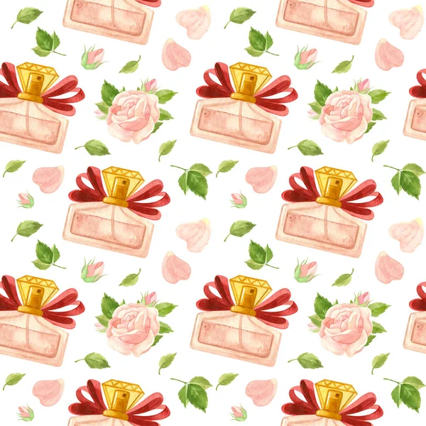 Płynny Wzór Perfumami Różowymi Różami Akwarela Moda Clipar — Zdjęcie stockowe
