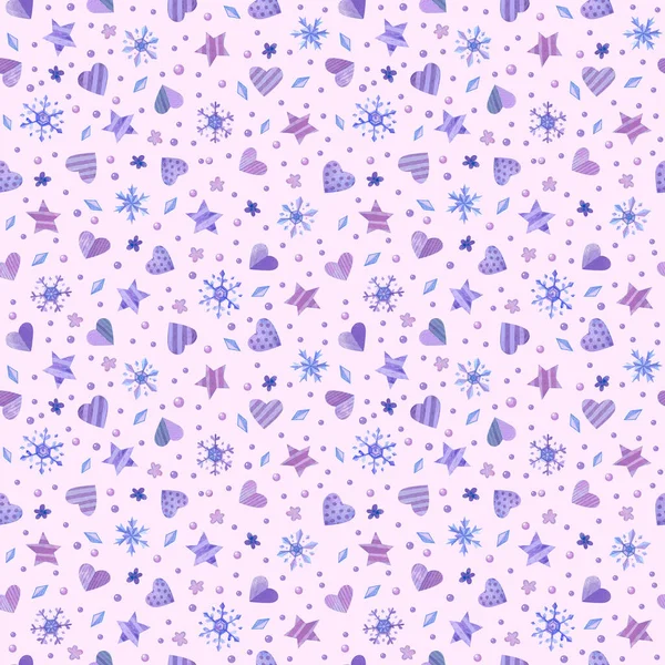 Bezproblémový Vzor Purpurovými Srdci Hvězdami Sněhovými Vločkami Pantone 2022 Akvarelové — Stock fotografie