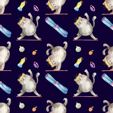 Spor malzemeleri için Yoga Kedileri 'nde kusursuz desen. Çeşitli asanalarda sevimli karakterler. Koyu arkaplanda suluboya çizimleri.