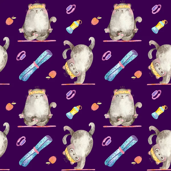 Seamless pattern with Yoga Cats for sports goods. Cute characters in various asanas.  Watercolor illustrations on dark background.