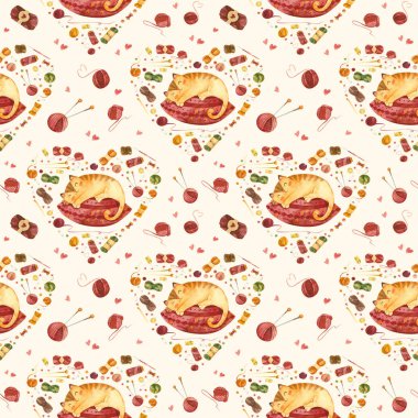 Şirin 'in büyük bir eldivende uyuduğu kusursuz desen. Sevimli kedi yavrusu karakteri. Bej arkaplanda suluboya çizimleri