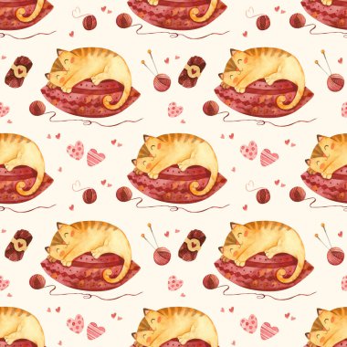 Şirin 'in büyük bir eldivende uyuduğu kusursuz desen. Sevimli kedi yavrusu karakteri. Bej arkaplanda suluboya çizimleri