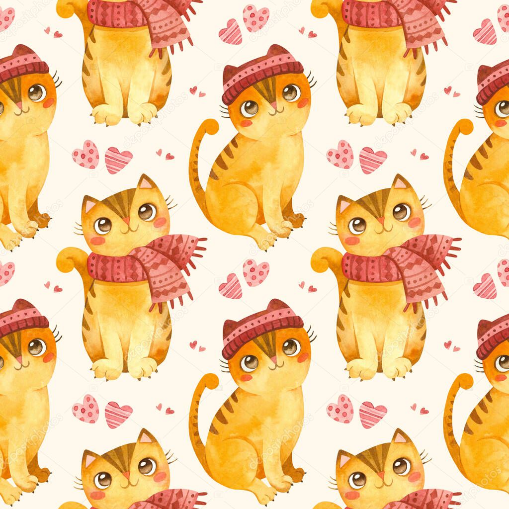 Seamless pattern with cute cats in the scarf and  hat. Adorable kitten characters. Watercolor illustrations on beige background.