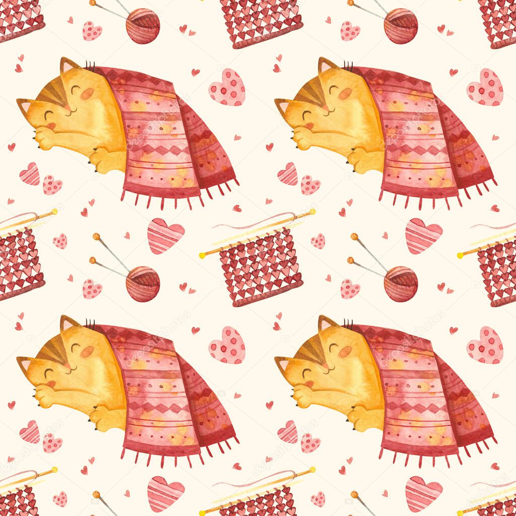 Seamless pattern with cute cat sleeping under a knitted blanket. Adorable kitten character and knitting or crochet accessories. Watercolor illustrations on beige background