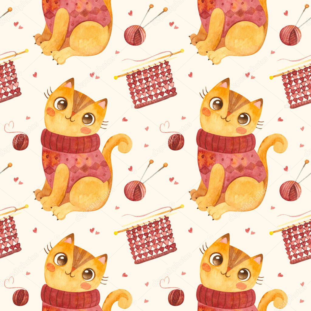 Seamless pattern with cute cat in a knitted sweater. Adorable kitten character and knitting or crochet accessories. Watercolor illustrations on beige background