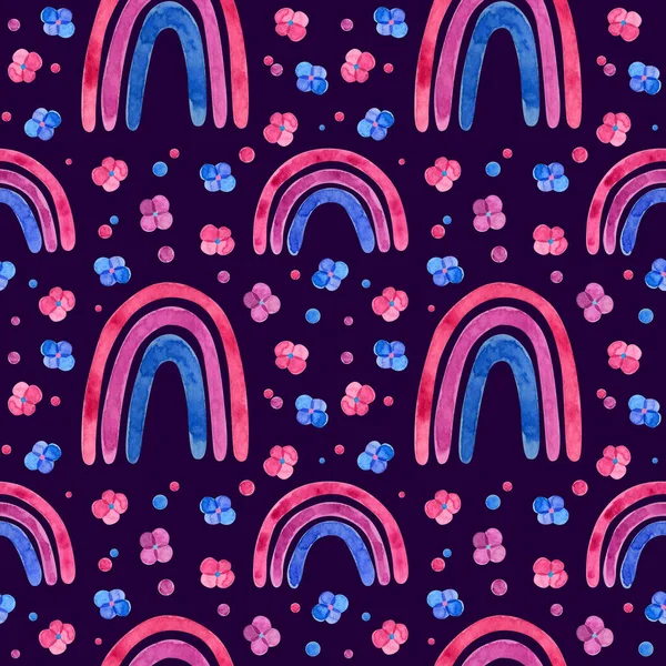 Multicolored Cute Rainbow and Flowers, seamless pattern. Watercolor clipart