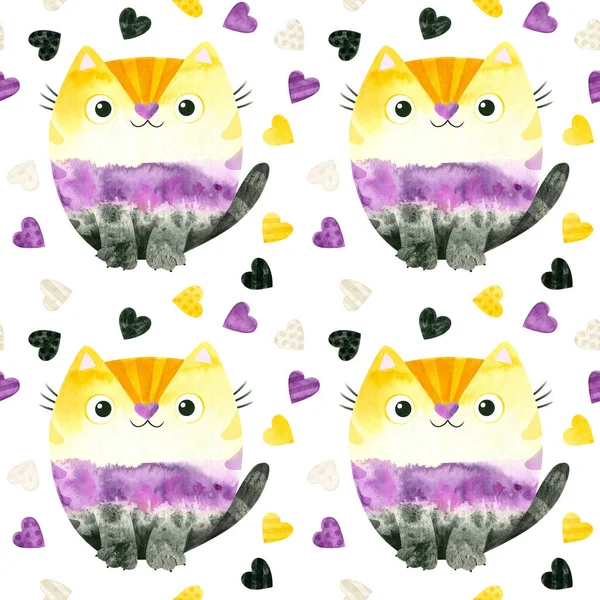 Nonbinary Pride Seamless Pattern Cute Cats Lgbt Pride Month Wallpaper — Stock Photo, Image