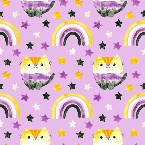 Nonbinary Pride Seamless Pattern Cute Cats Lgbt Pride Month Wallpaper — Stock Photo, Image