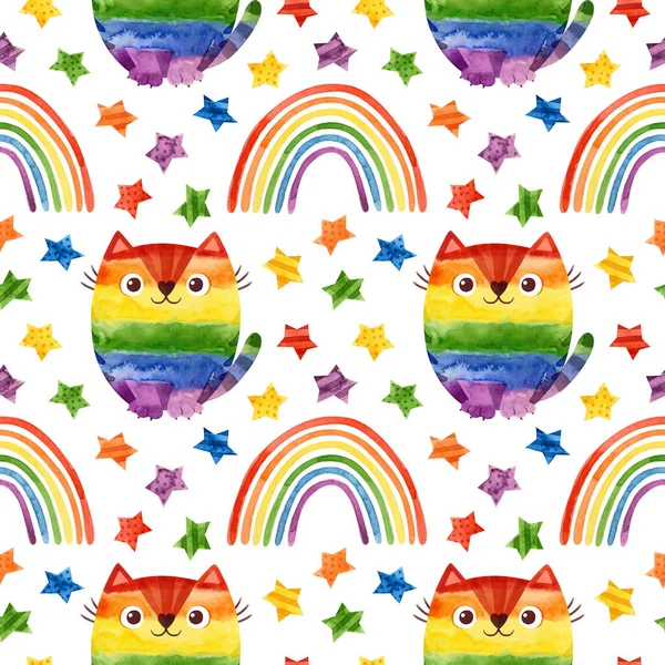 LGBT pride month seamless pattern with cute cats. LGBTQ art, rainbow watercolor clipart with cats and stars