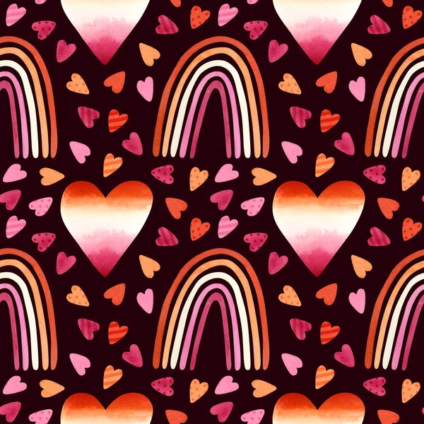 レズビアンの誇りシームレスなパターン Lgbtの誇りヶ月の芸術 虹と心の拍手 Lgbtq暗い背景の水彩イラスト — ストック写真