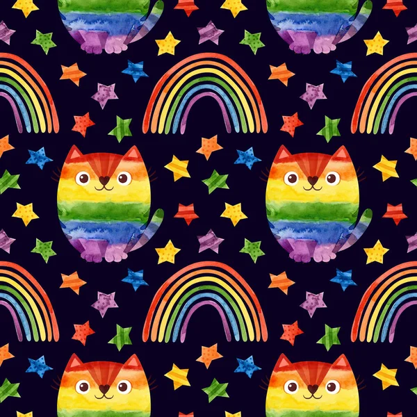 LGBT pride month seamless pattern. LGBTQ art, rainbow watercolor clipart with cats and stars