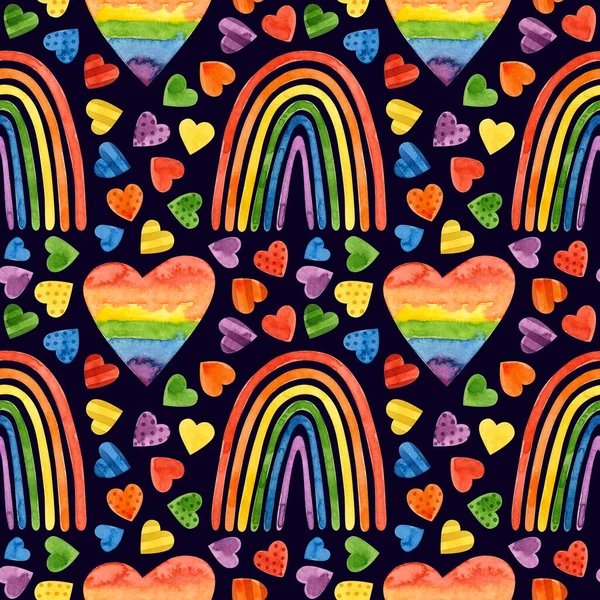 LGBT pride month seamless pattern. LGBTQ art, rainbow watercolor clipart with hearts