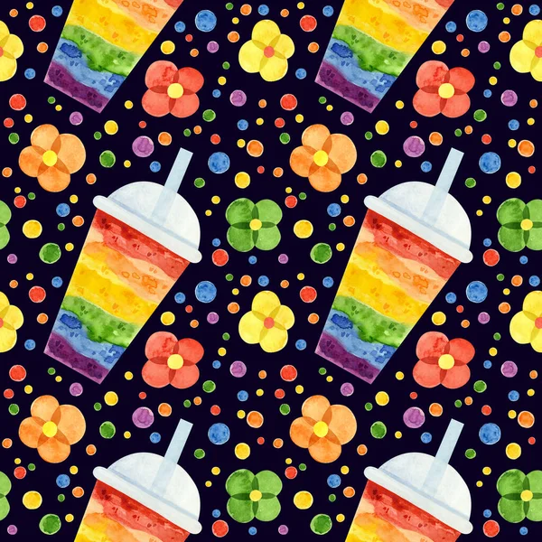Lgbtプライド月間シームレスパターン Lgbtqアート お茶と花で虹色の水彩クリップ — ストック写真