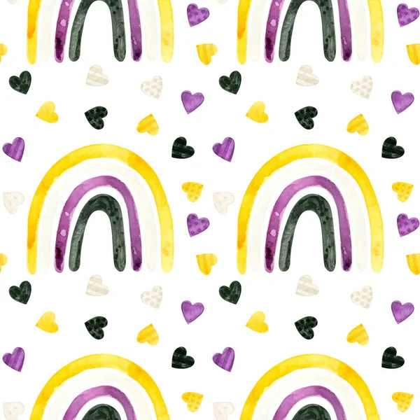 二進数の誇りシームレスパターン Lgbtプライド月間壁紙非バイナリ虹とハート水彩クリップ — ストック写真