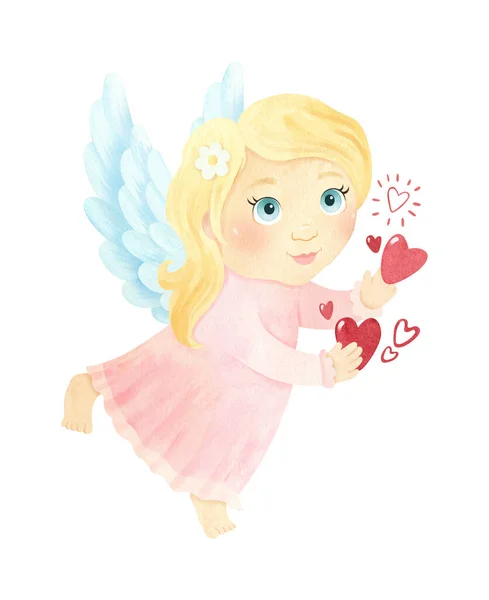 Little Angel Girl Hearts Valentine Day Romantic Clipart Christian Watercolor — Stock Photo, Image