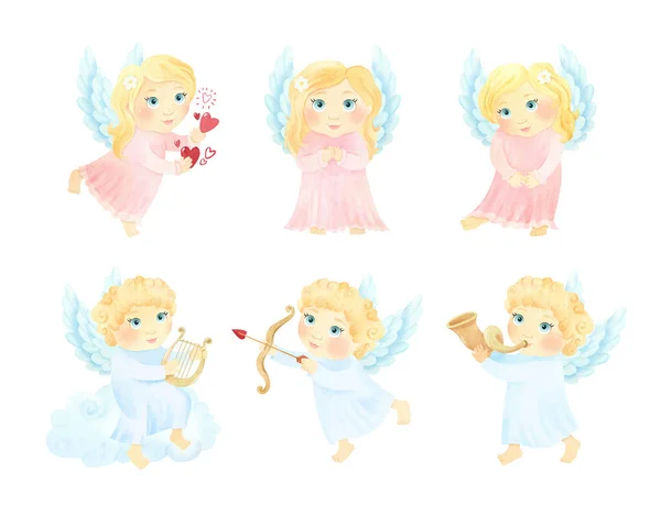 Ángeles Niños Niñas Religious Catholic Clipart Conjunto Ilustraciones Acuarela — Foto de Stock