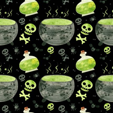 Yeşil kafatasları, kazanı ve cadı iksirleriyle cadılar bayramı kusursuz deseni. Karanlık arkaplan üzerine ürkütücü dijital yapıştırma kitabı