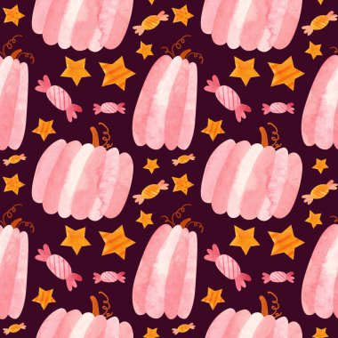 Pembe balkabaklı, kusursuz bebek Cadılar Bayramı deseni. Beyaz arkaplan üzerine sevimli dijital yapıştırma kitabı.