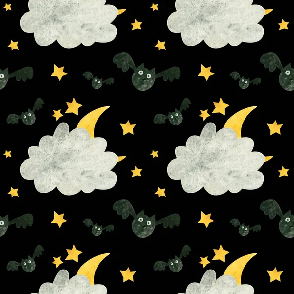 Halloween seamless pattern with cute bat and moon behind the clouds. Spooky digital scrapbooking paper on black background.