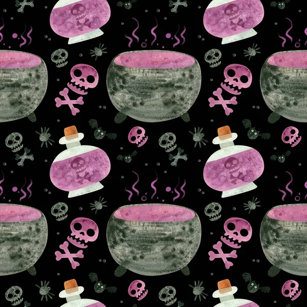 Halloween seamless pattern with purple skulls, cauldron and witch potions. Spooky digital scrapbooking paper on white background.