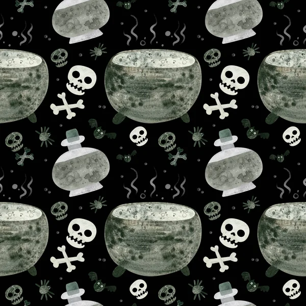 Halloween seamless pattern with skulls, cauldron and witch potions. Spooky digital scrapbooking paper on black background