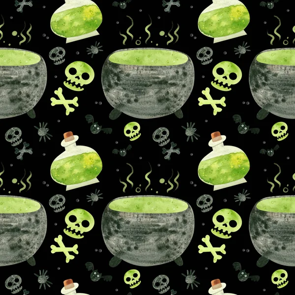 Halloween Sem Costura Padrão Com Crânios Verdes Caldeirão Poções Bruxa — Fotografia de Stock