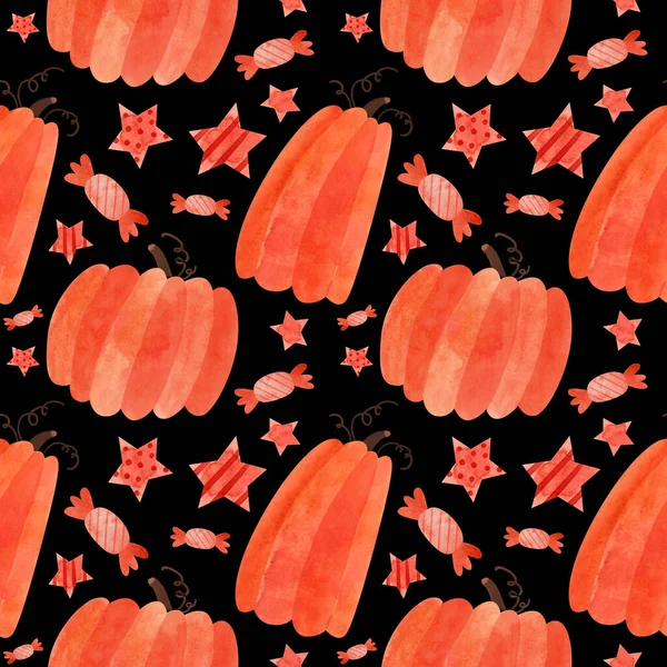 Patrón Sin Costuras Halloween Con Calabazas Rojas Dulces Papel Espeluznante — Foto de Stock