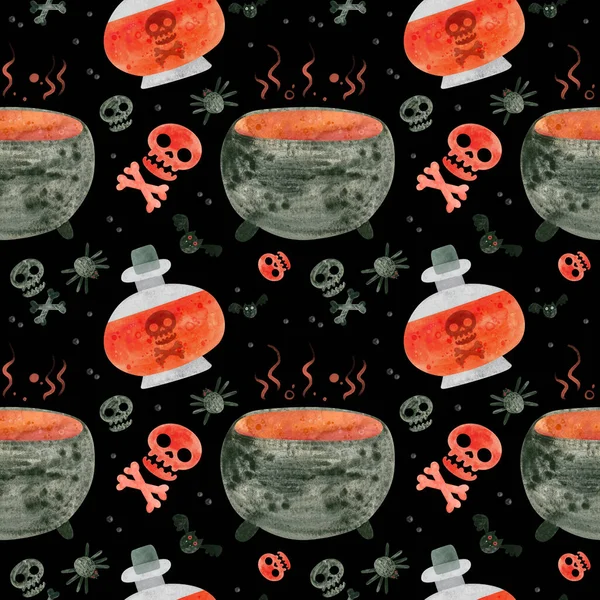Halloween seamless pattern with red skulls, cauldron and witch potions. Spooky digital scrapbooking paper on dark background.