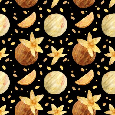 Kusursuz desen, suluboya dondurma topları, turuncu ve siyah arka planda fizsalis. Ürün klipsi. Birinci sınıf tatlı duvar kâğıdı.