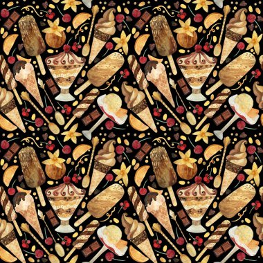 Kusursuz desen. Siyah arka planda suluboya dondurma. Ürün klipsi. Birinci sınıf tatlı duvar kâğıdı.