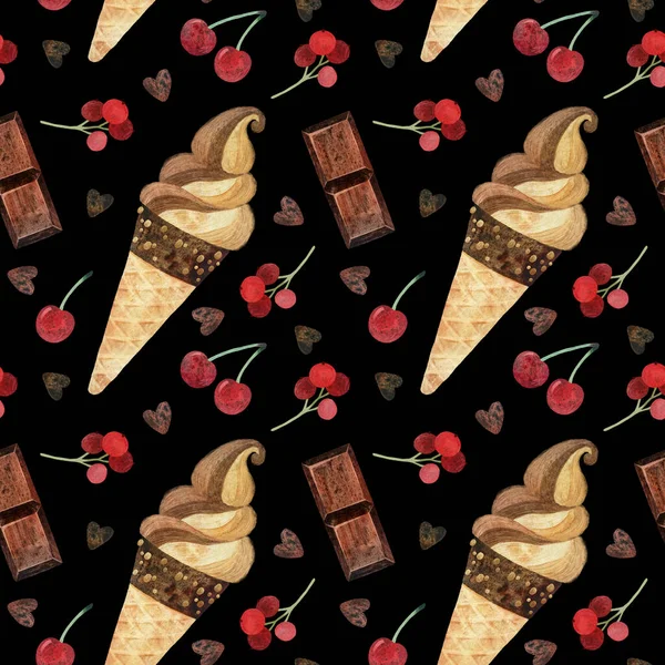 シームレスなパターン 黒の背景に桜と水彩アイスクリーム 製品の切断 プレミアムデザート Alliphonewallpapers Net — ストック写真