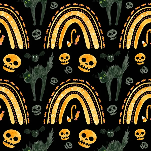 Patrón Sin Costuras Halloween Con Cráneos Naranja Murciélagos Gato Negro —  Fotos de Stock