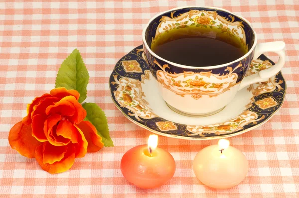 Rose a svíčky a káva — Stock fotografie
