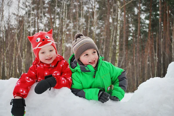 Schöne Jungen und Mädchen im Winter schneebedeckten Wald. — Stockfoto