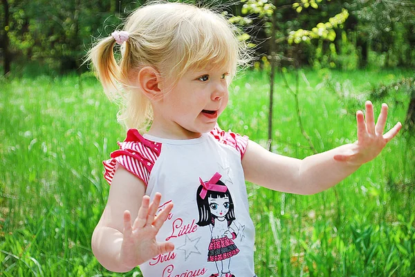 Funny surprised little girl in a meadow — Stock Photo, Image