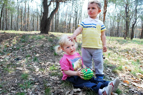 Pojke och flicka sitter i en skog — Stockfoto