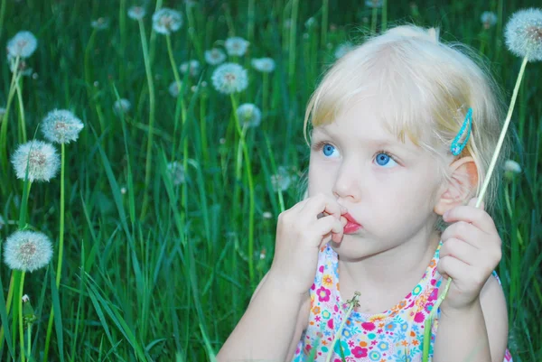 A little girl is sitting in the tall grass and flowers dandelio — Stock Photo, Image