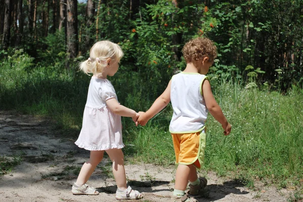 Im Wald entlang der Straße halten ein kleiner Junge und ein kleines Mädchen — Stockfoto