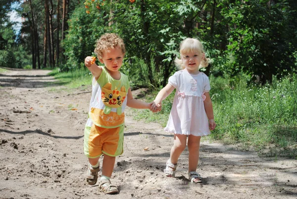 В лесу вдоль дороги маленькие мальчик и девочка держат — стоковое фото