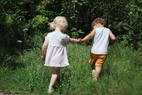 In the forest along the road are a little boy and girl holding — Stock Photo, Image