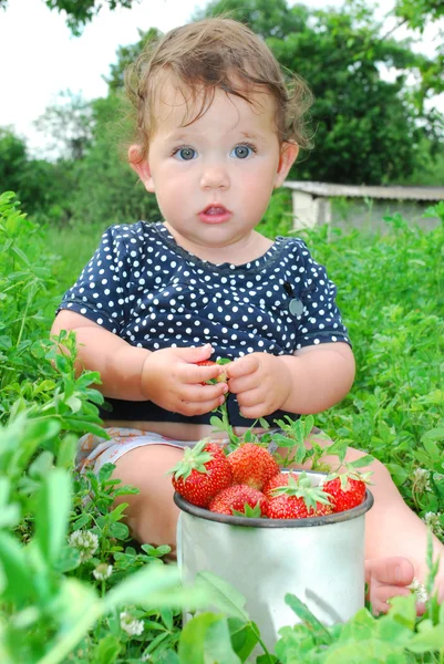 The garden beds near the little girl is sitting, and near it is — Stock Photo, Image