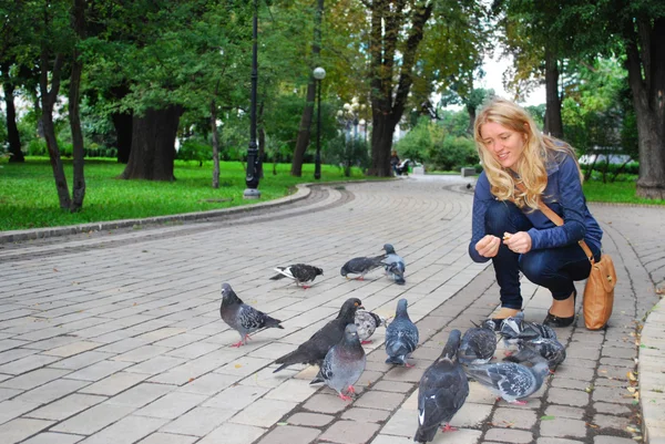 The park, the girl feeding pigeons — Stock Photo, Image
