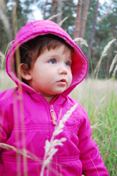 Nella foresta, nell'erba alta c'è una bambina . — Foto Stock