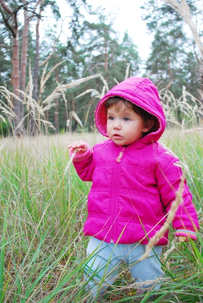 En el bosque, en la hierba alta hay una niña . —  Fotos de Stock