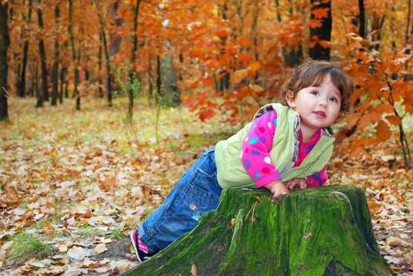 Im Wald spielt kleines Mädchen am Baumstumpf. — Stockfoto