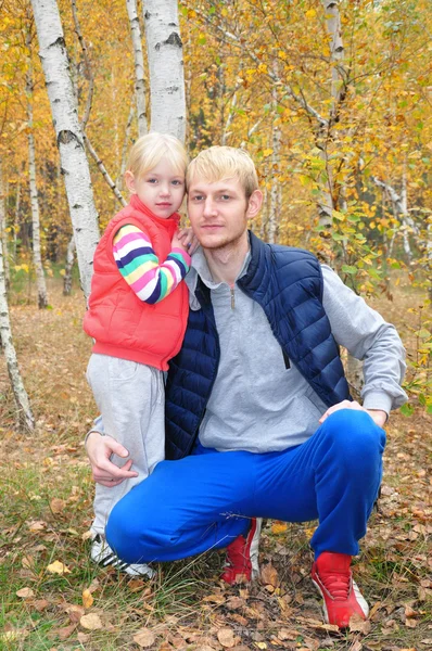 Birch forest dad blond blonde daughter hugging — Stock Photo, Image