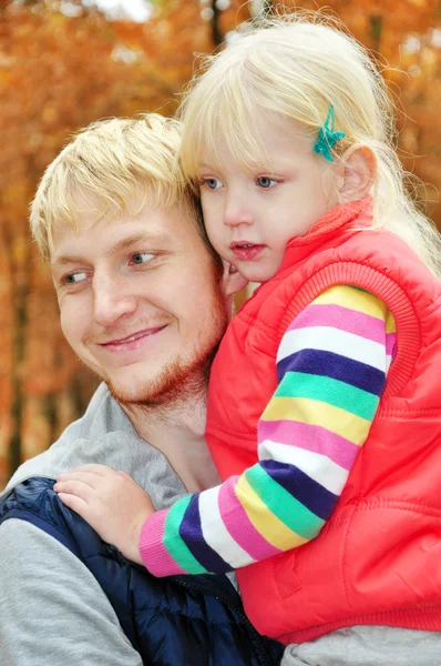 Birch forest dad blond blonde daughter hugging — Stock Photo, Image