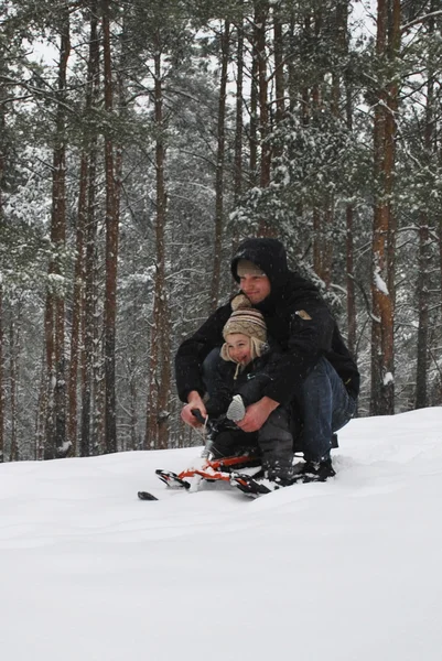 Батько і син катаються з горами в зимових засніжених лісах — стокове фото